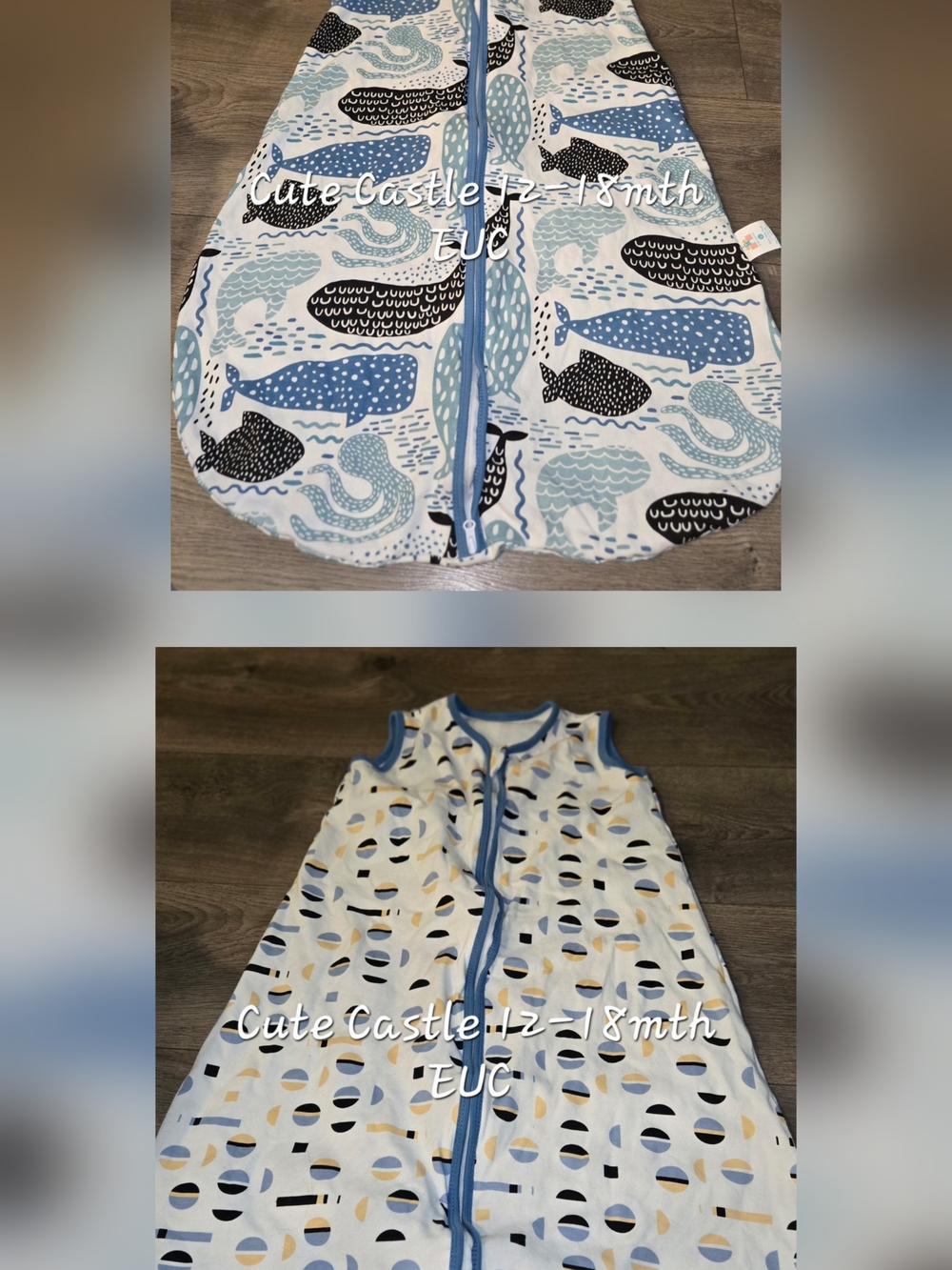 2 Sleep Sacks. Cute Castle Blue & White And Whale & Geo Print Both 12-18mth